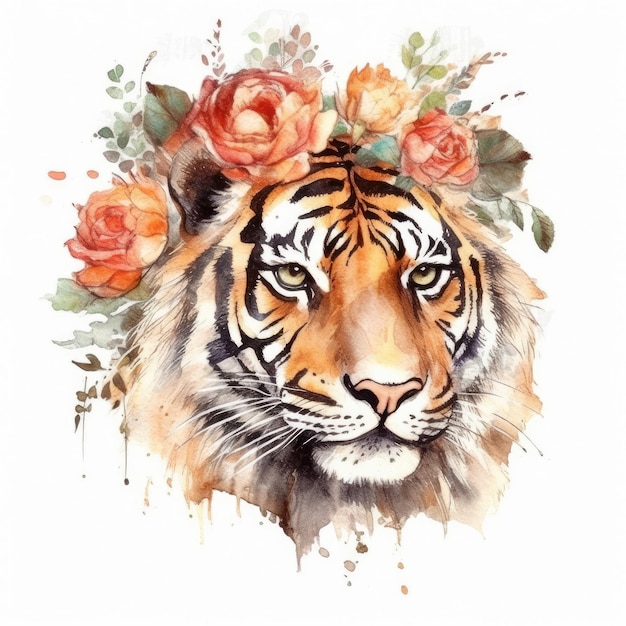 Un tigre con una corona de flores en la cabeza.