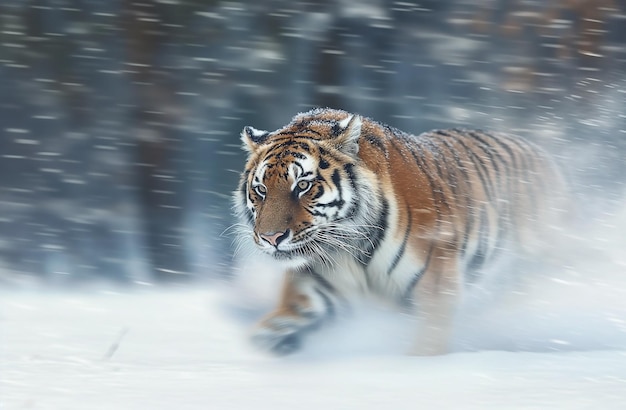 Tigre correndo através de neve profunda em uma paisagem de inverno duro Tigre na natureza selvagem de inverno