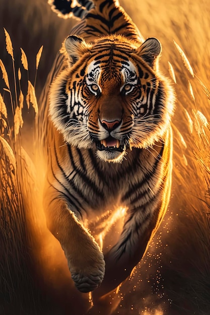 Foto tigre correndo em ação na grama do campo com luz do pôr do sol generative ai