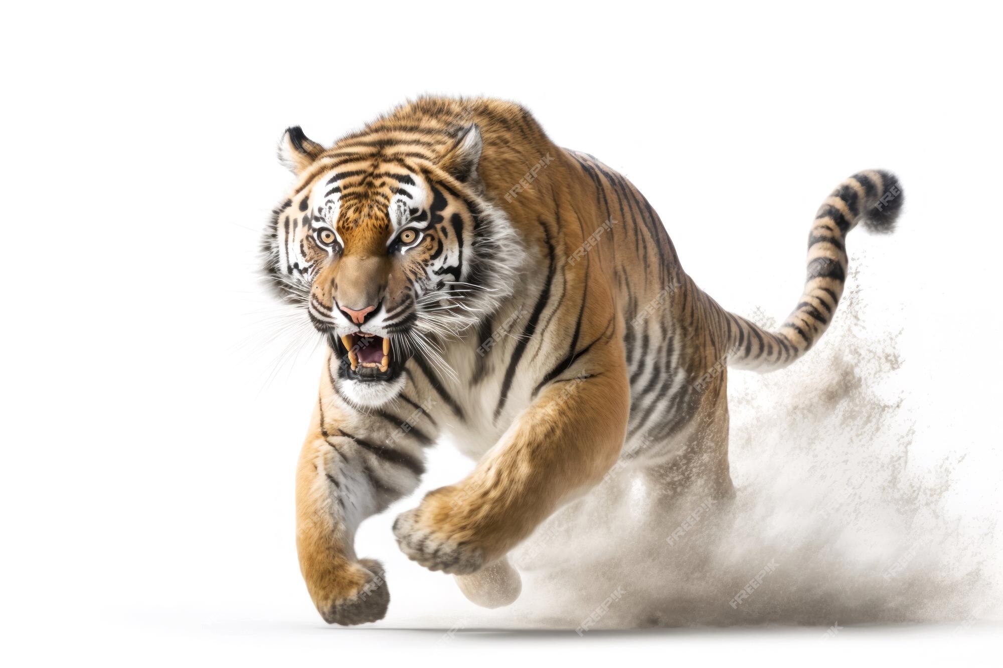 Tigre correndo na câmera isolada no fundo branco generative ai