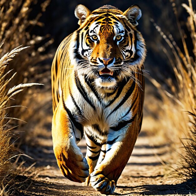 Foto tigre correndo na pista de fundo natureza do deserto vida selvagem e neve