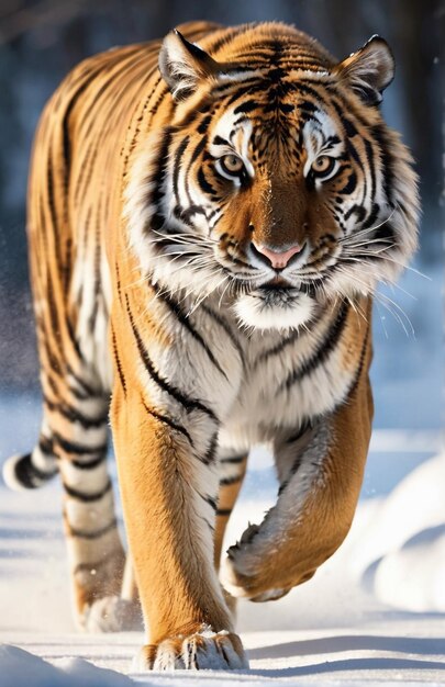 Foto tigre correndo na pista de fundo natureza do deserto vida selvagem e neve