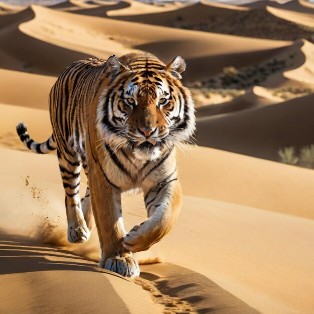 Foto tigre correndo na pista de fundo natureza do deserto vida selvagem e neve