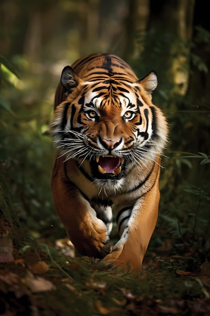 Foto un tigre corriendo por el bosque.