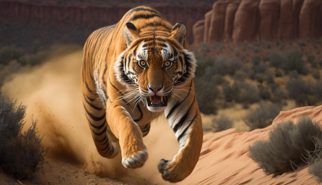 Un tigre corriendo por el desierto