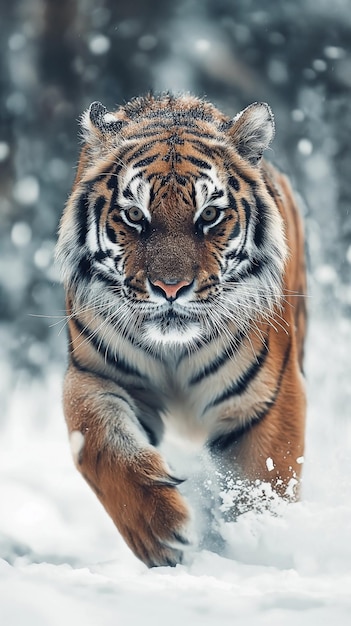 Tigre corriendo a través de la nieve profunda en un paisaje invernal duro Tigre en la naturaleza salvaje del invierno