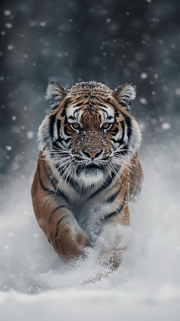 Tigre corriendo a través de la nieve profunda en un paisaje invernal duro Tigre en la naturaleza salvaje del invierno