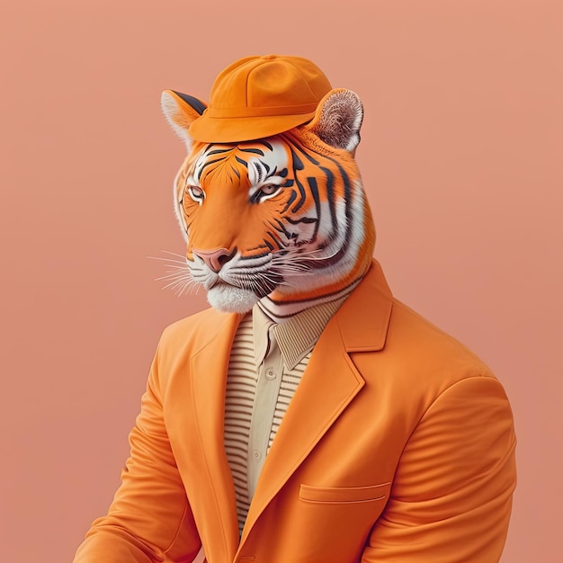 Tigre da moda em jaqueta Retrato monocromático de cor laranja Generative AI