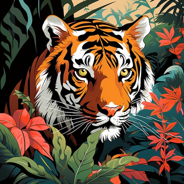 Foto tigre da selva com folhas para arte decorativa gerada por ai