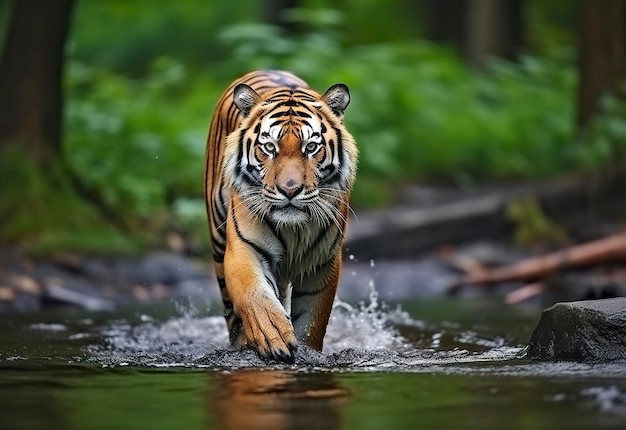 Tigre de Amur andando na água Animal perigoso Animal em um córrego de floresta verde Generative AI