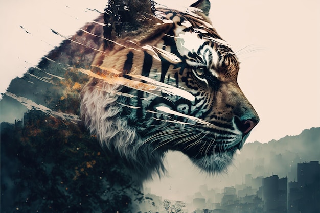 Foto tigre de bengala listrado em dupla exposição mescla sua cabeça