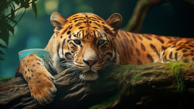 Tigre de descanso florestal em um galho de árvore