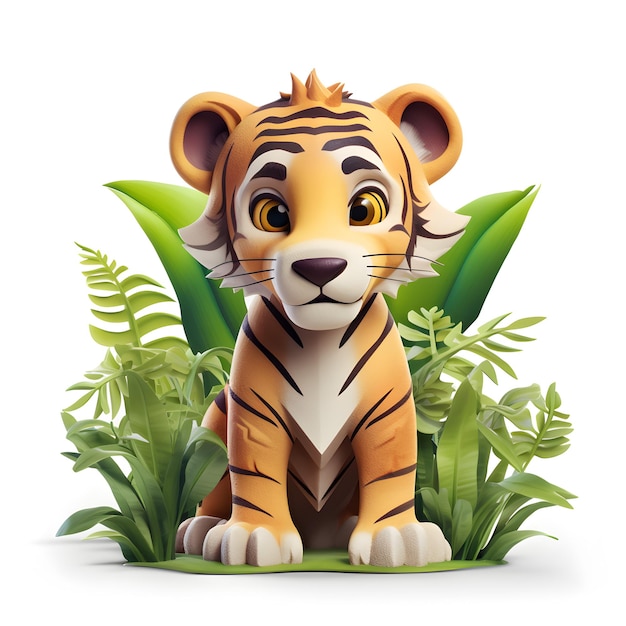 Tigre de desenho animado 3D na selva isolado em branco