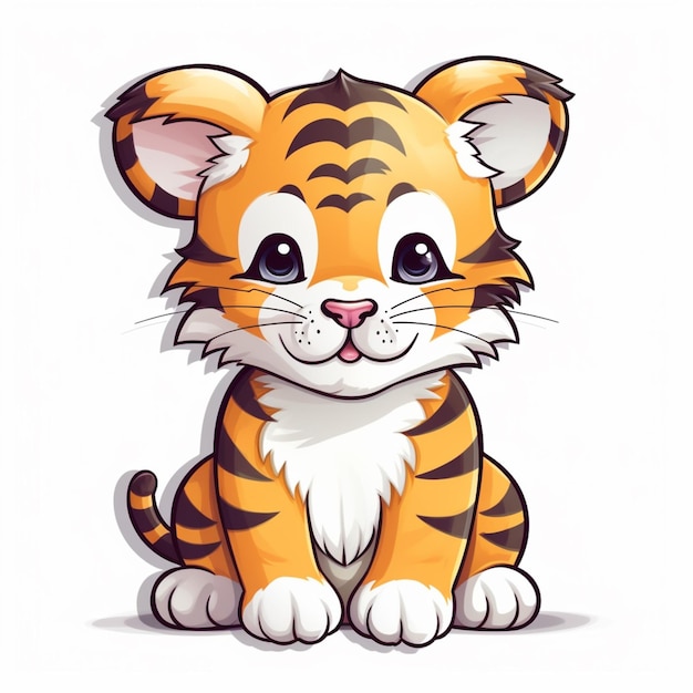 Foto tigre de desenho animado sentado no chão com um fundo branco generativo ai