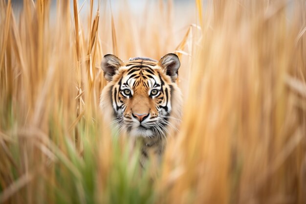 Tigre de Sumatra camuflado entre altas gramíneas