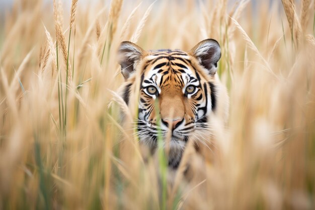 Foto tigre de sumatra camuflado entre altas gramíneas