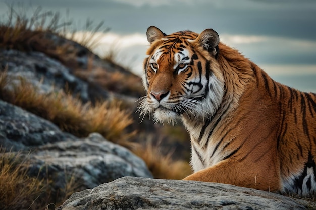 Tigre descansando en una roca durante la puesta de sol