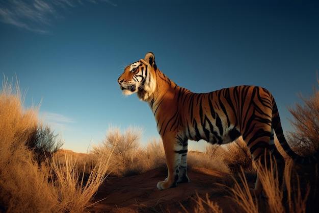 Un tigre en el desierto con un cielo azul de fondo