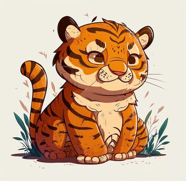 Un tigre de dibujos animados que está sentado en la hierba.