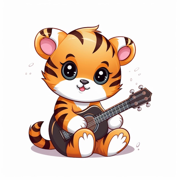 Tigre de dibujos animados tocando una guitarra y sentado en el suelo ai generativo