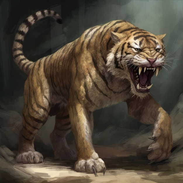 Un tigre con dientes afilados y boca grande está sobre un fondo oscuro.