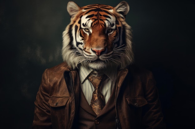Tigre em roupas Homem com cabeça de tigre Gráfico conceitual em estilo vintage com pintura a óleo suave