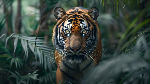 Foto un tigre emboscando a su presa una imagen fotorrealista que captura el sigilo y el poder de un depredador apex en