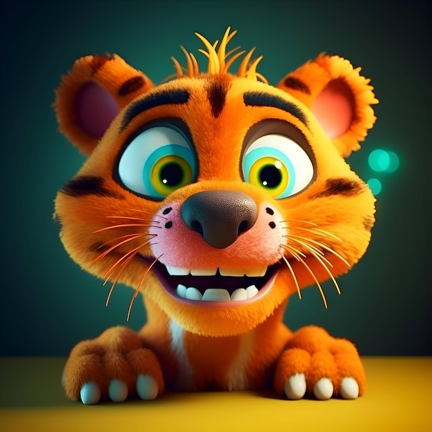 Tigre engraçado com olhos grandes e renderização 3d de orelhas grandes