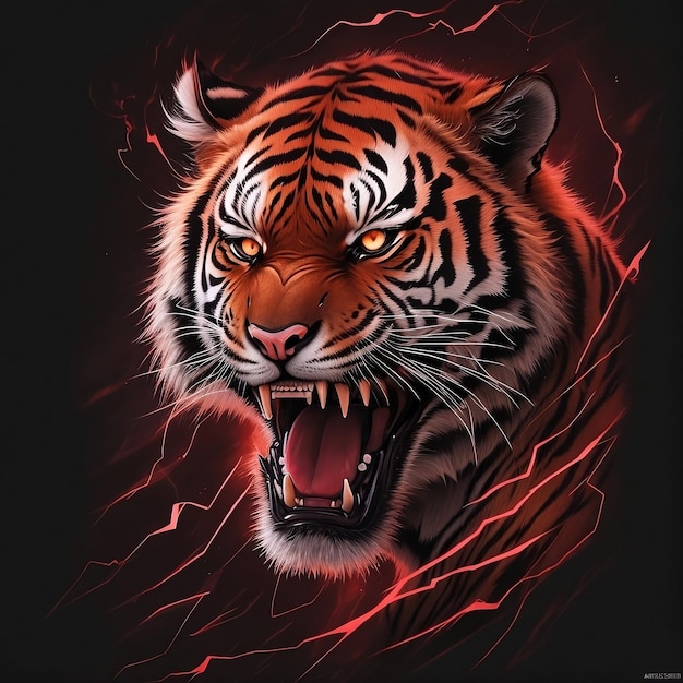 un tigre enojado con un fondo rojo y negro