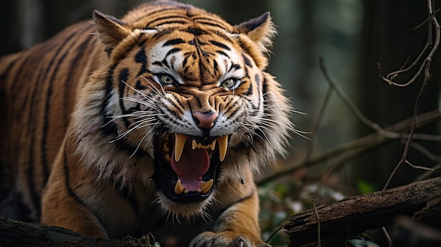 un tigre enojado mostrando sus colmillos