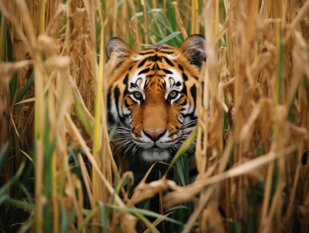 Foto tigre escondido na grama alta