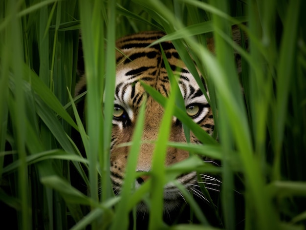 un tigre escondiéndose en la hierba alta