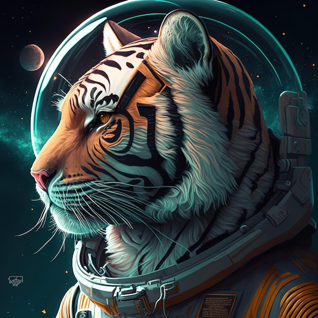 Tigre espacial de colores vivos con traje espacial para el concepto de exploración espacial