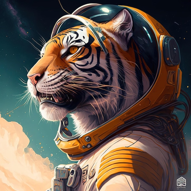 Foto tigre espacial de colores vivos con traje espacial para el concepto de exploración espacial