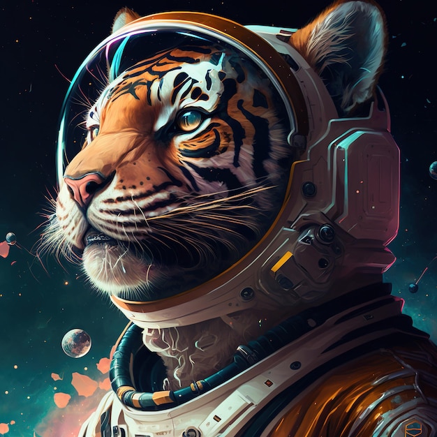 Tigre espacial de colores vivos con traje espacial para el concepto de exploración espacial