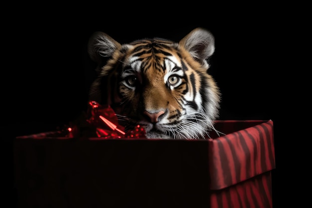 Foto tigre espreitando da caixa de presente de natal com ia generativa de laço vermelho