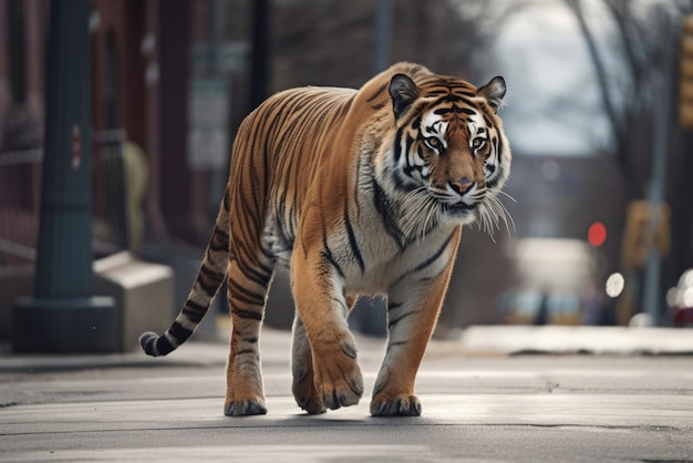 Tigre está andando por uma rua da cidade IA generativa