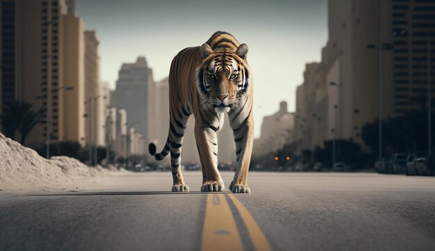 Tigre está andando por uma rua da cidade IA generativa