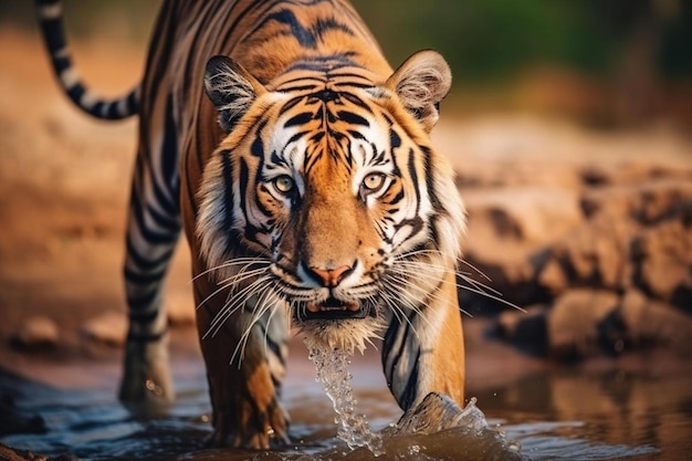 un tigre está caminando en el agua y está en el agua