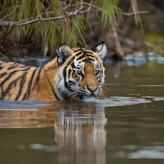 un tigre está nadando en el agua y está nadando