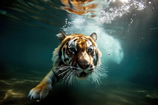 El tigre está nadando bajo el agua Hermosa imagen de ilustración AI generativa