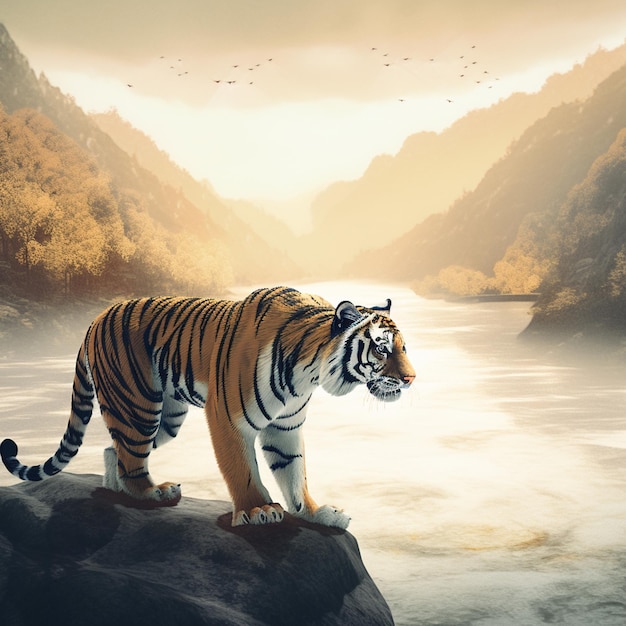 Un tigre está parado sobre una roca en un valle de montaña.