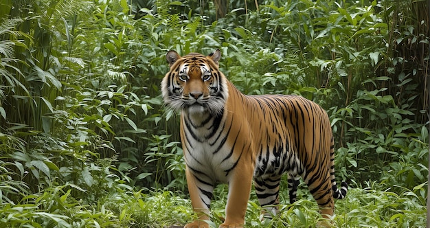 un tigre está de pie en el bosque con el tigre en la espalda