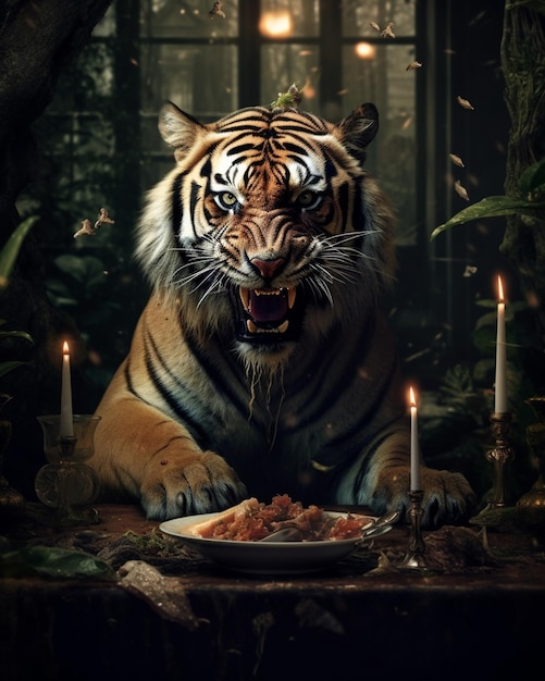 Un tigre está sentado en una mesa con un plato de comida.