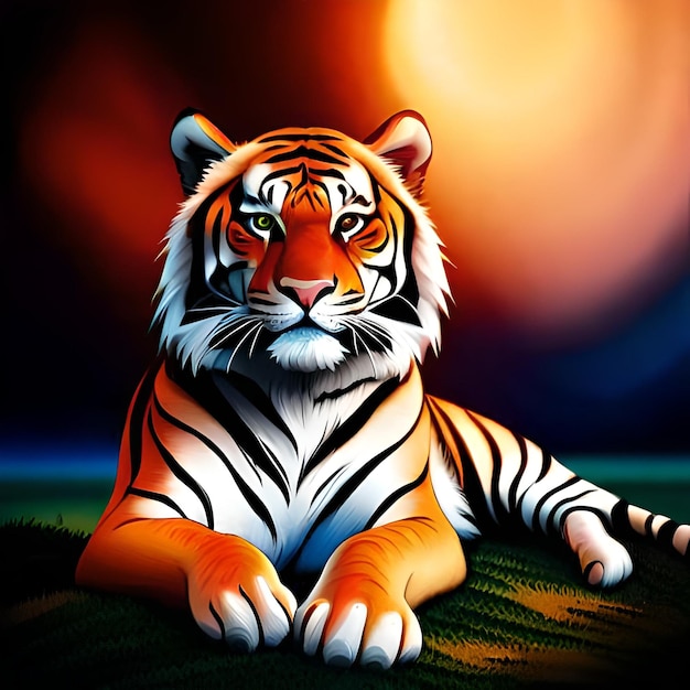 Un tigre está tirado en la hierba y el sol brilla.