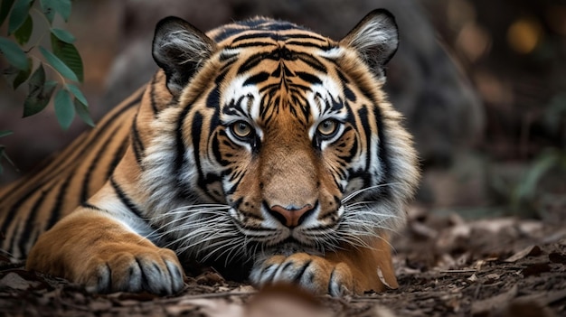 Un tigre está tirado en el suelo en el bosque.