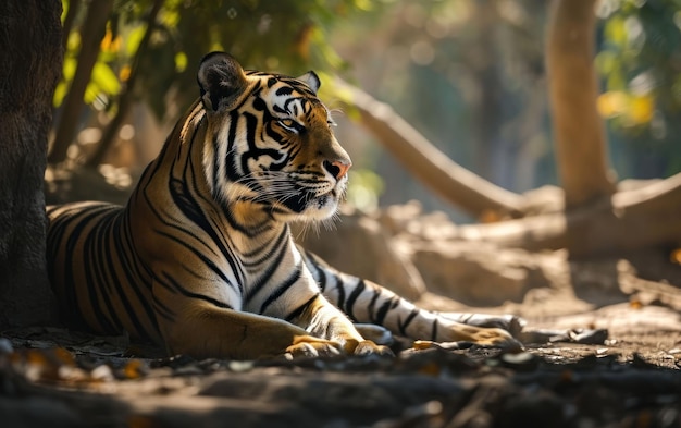 Tigre estendendo-se preguiçosamente sob a sombra de uma árvore