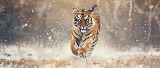 Foto un tigre feroz corriendo en un país de las maravillas invernales que encarna la libertad salvaje