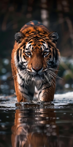 Un tigre feroz está caminando por el agua.