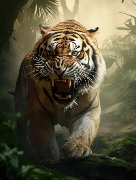 Un tigre feroz rugiendo en una selva de niebla